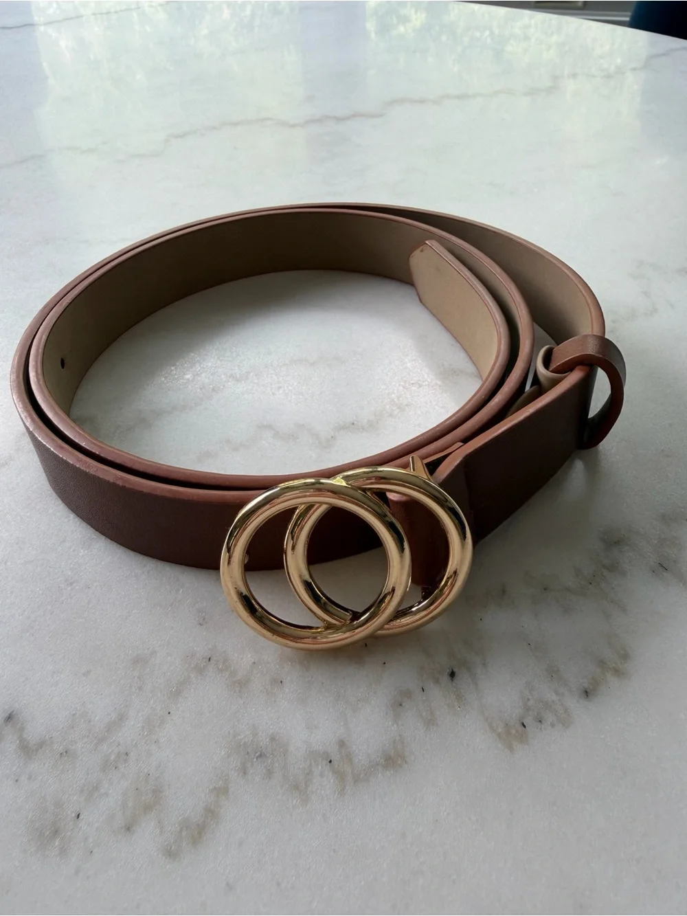 Ann Taylor Cognac Brown Belt with Gold Double-Ring Buckle